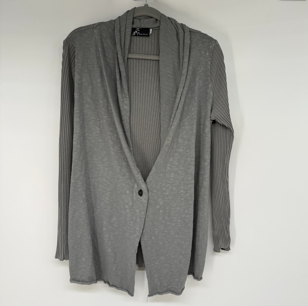 Fenini Cardigan Sweater Womens M Gray Ribbed Knit Long Sleeve Shawl Collar Cozy